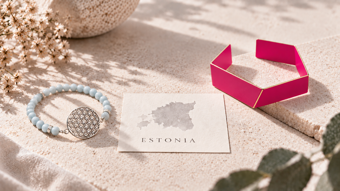 Estonian jewellery by Lisa Kroeber Jewellery and New Vintage by Kriss, featuring a magenta geometric bracelet and a Flower of Life aquamarine bracelet.