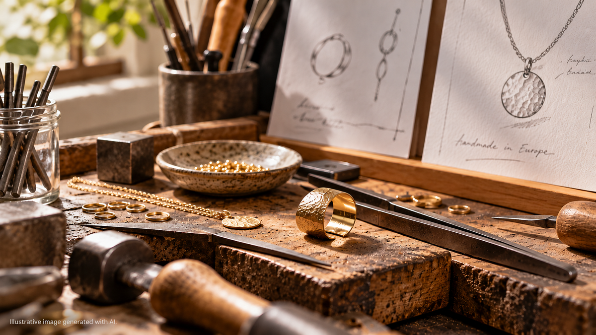 Editorial illustration of a jewellery maker's workbench with a hammered gold ring, metalworking tools, gold components and jewellery design sketches.