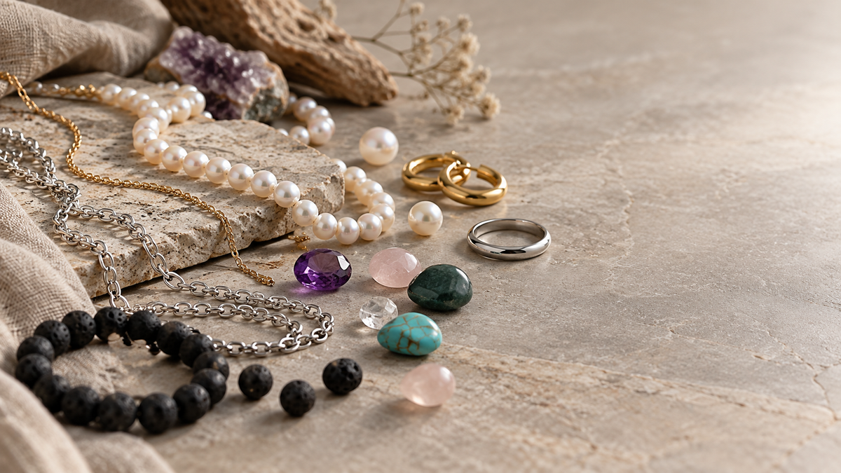 Editorial illustration of different jewellery materials, including gold and silver jewellery, freshwater pearls, gemstones and porous black lava stone arranged on a natural stone surface.