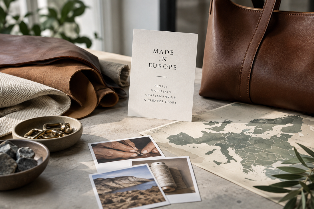 European-made leather bag surrounded by leather, textiles, hardware and a map of Europe, illustrating product origin and material sourcing.