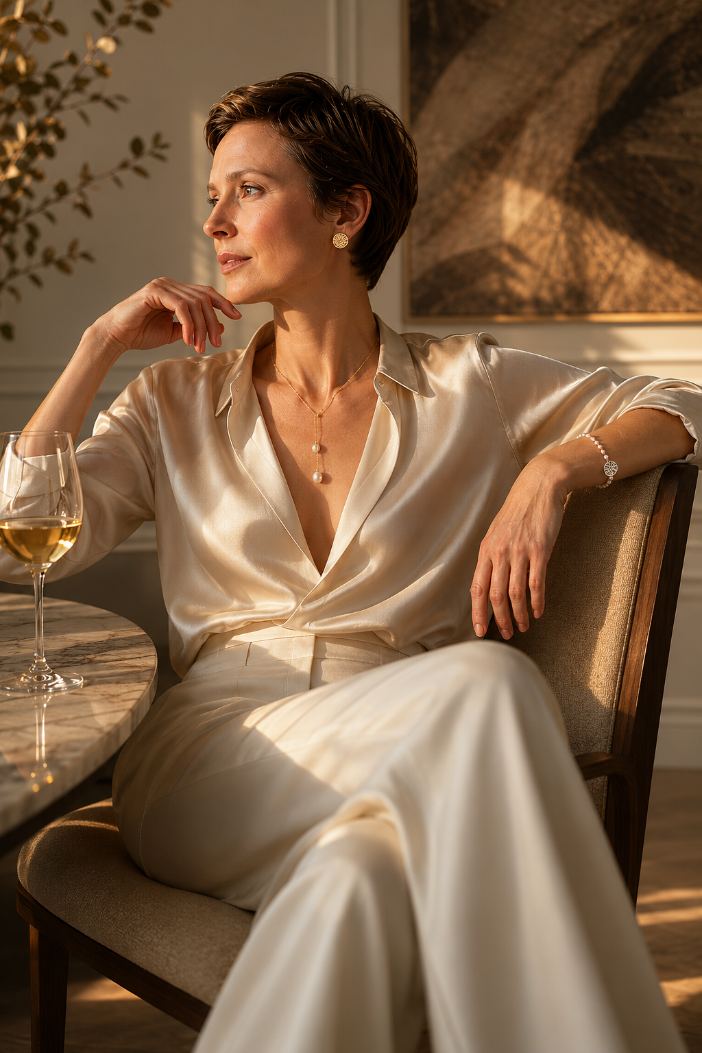 Elegant woman in satin ivory outfit wearing pearl drop necklace, pearl bracelet and textured earrings in warm editorial interior lighting.