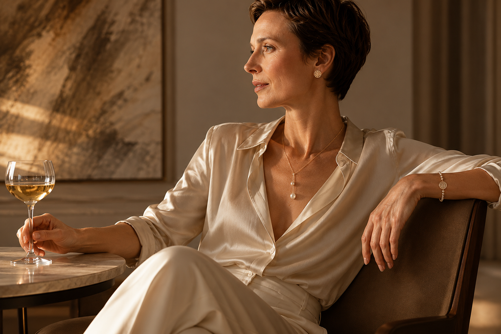Sophisticated Scandinavian-inspired fashion portrait with pearl jewelry, soft golden lighting and premium Copenhagen editorial aesthetic.