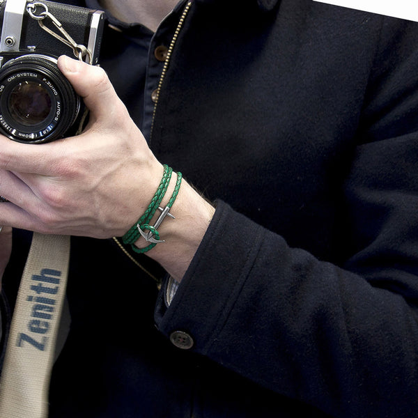Admiral Anchor Silver and Braided Leather Bracelet - Fern Green