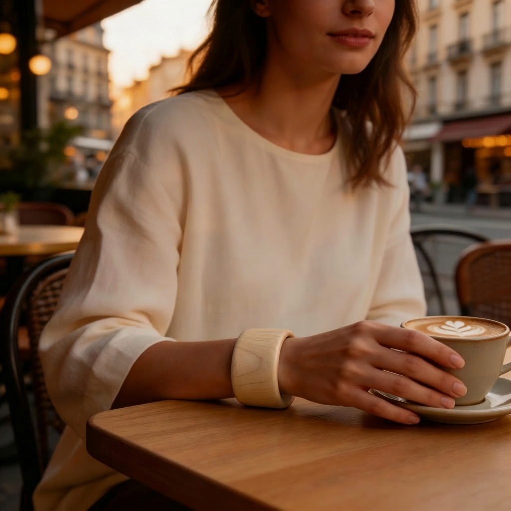 Woman wearing a wide birch wooden cuff bracelet in a cafe setting with soft evening light and Scandinavian style