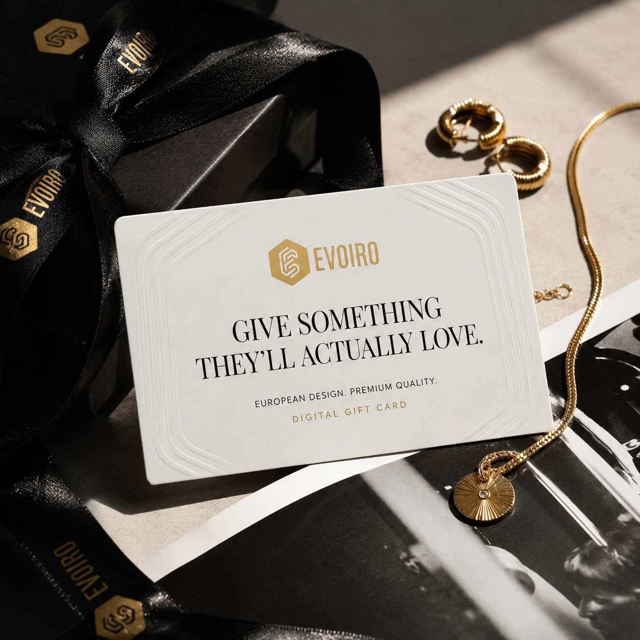 Evoiro luxury digital gift card with premium European jewelry styling.