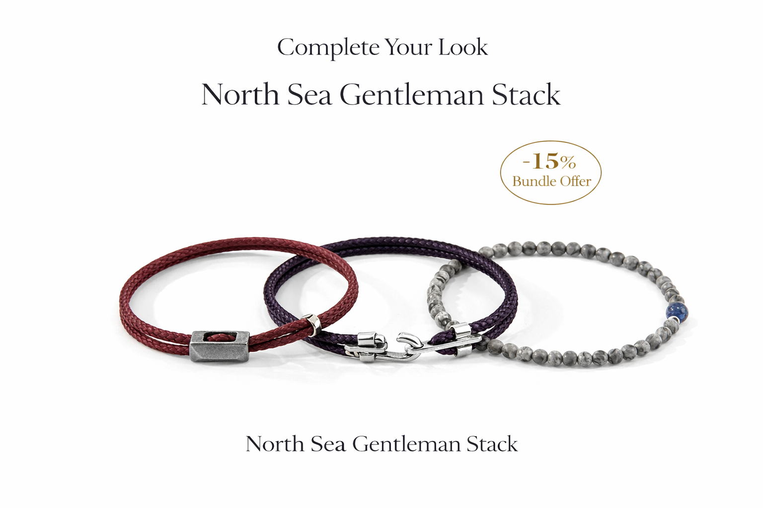 North Sea Gentleman Stack | 3-Piece Silver & Rope Bracelet Bundle