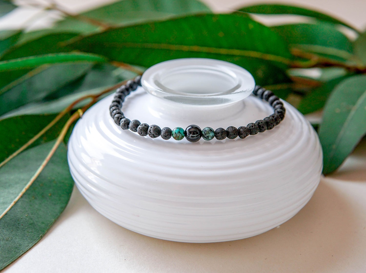 Lava Bracelet with 4mm Onyx and Turquoise for Men