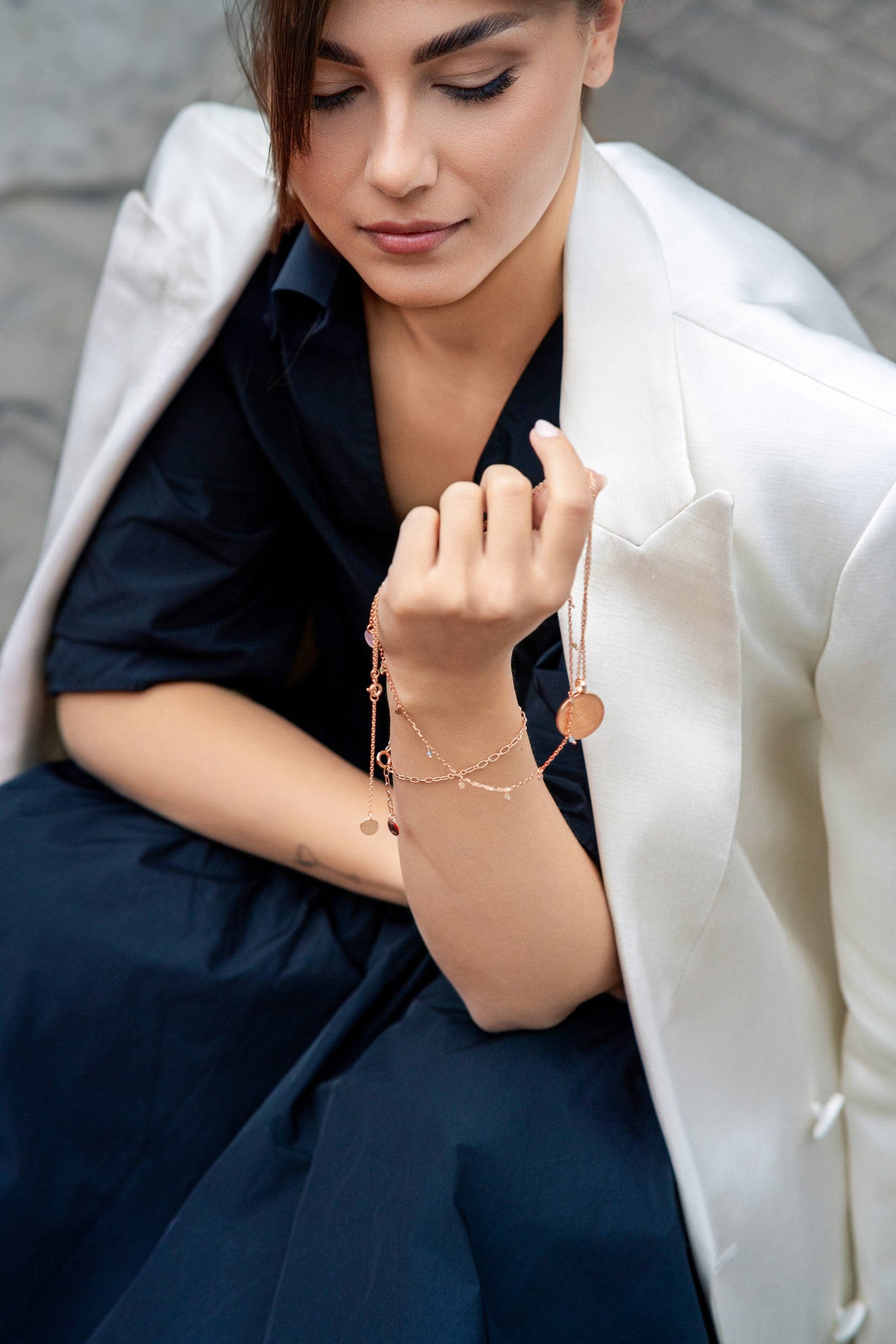 Moonlight Layering Set with layered gold necklace, half moon earrings, and elegant Scandinavian bracelet in Nordic style