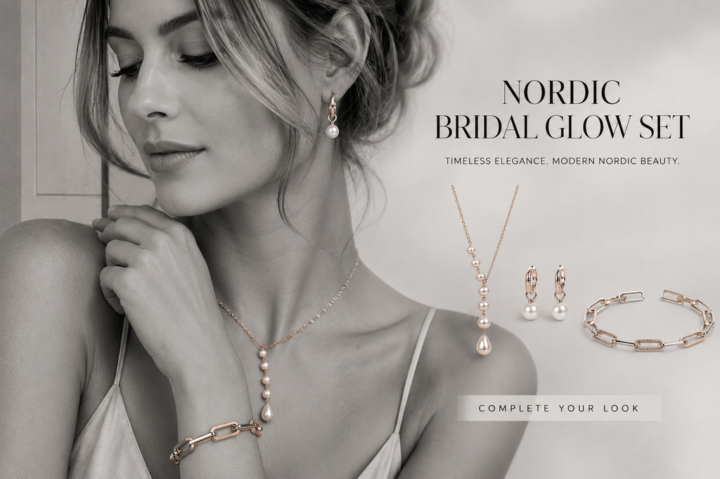 Nordic Bridal Glow Set hero image featuring Scandinavian pearl jewelry with elegant Nordic bridal styling