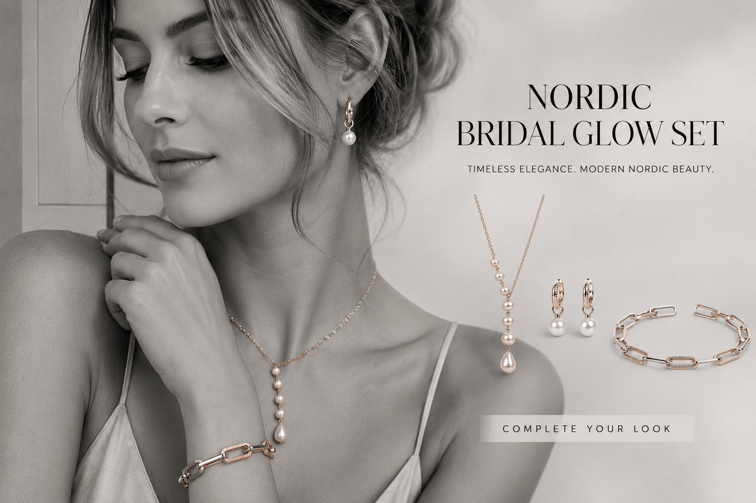 Nordic Bridal Glow Set hero image featuring Scandinavian pearl jewelry with elegant Nordic bridal styling