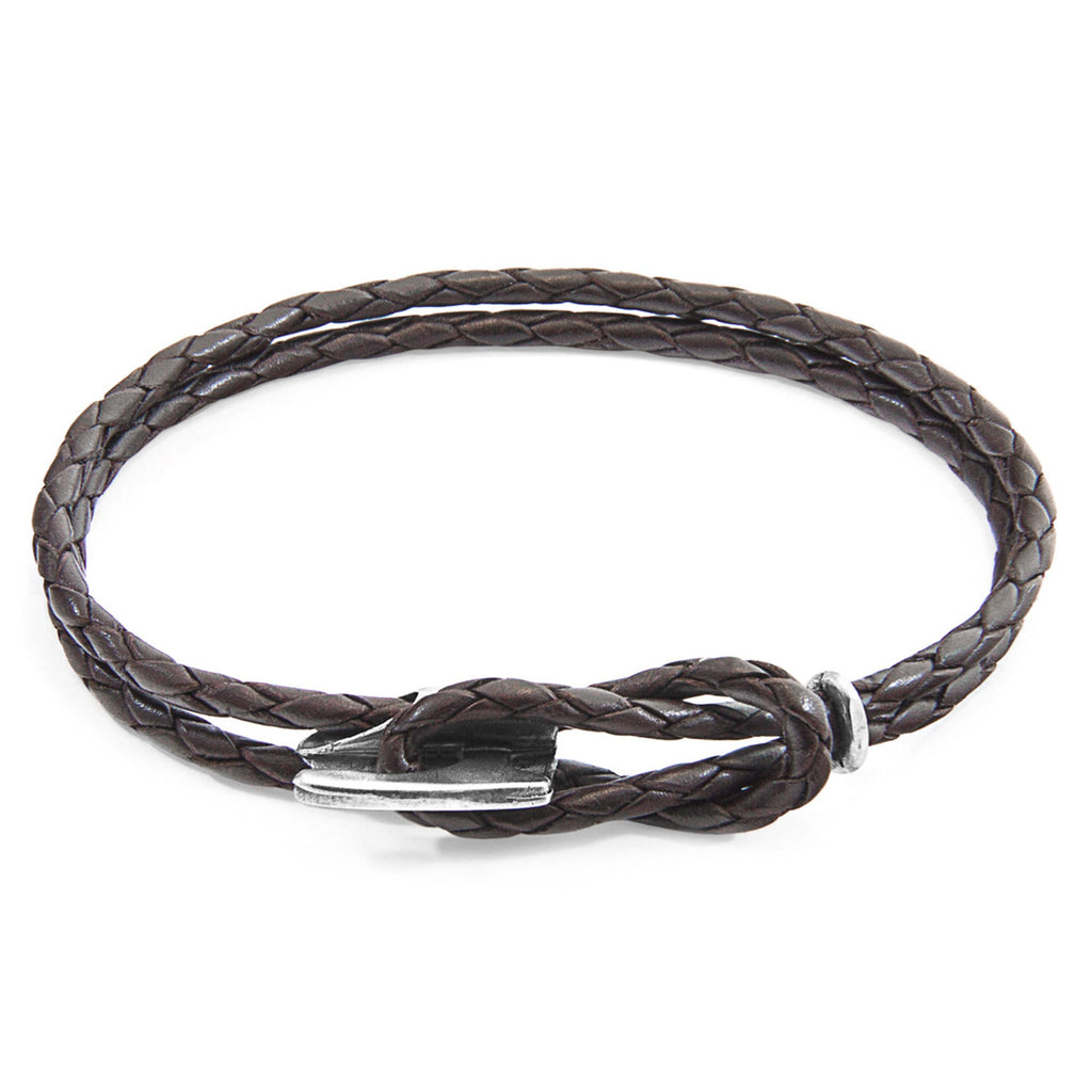 Padstow Silver and Braided Leather Bracelet - Dark Brown
