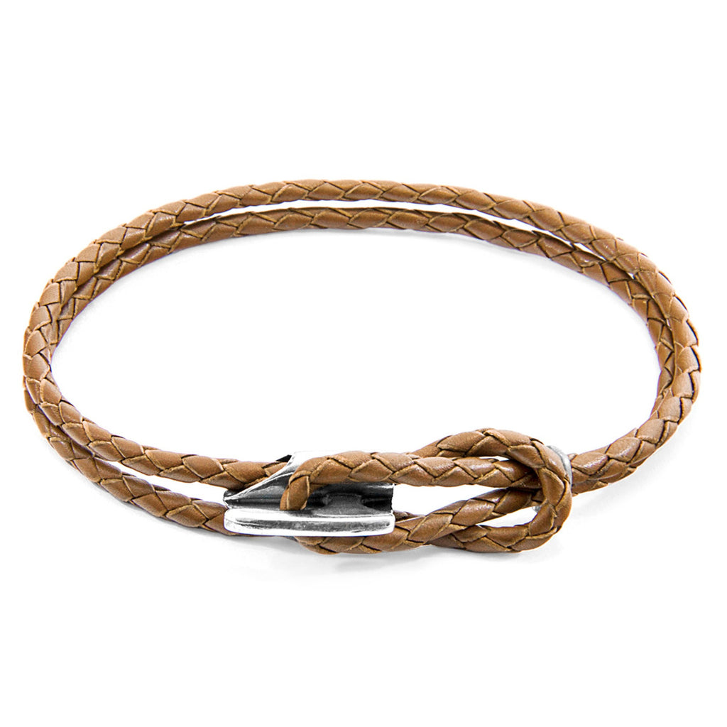 Padstow Silver and Braided Leather Bracelet - Light Brown