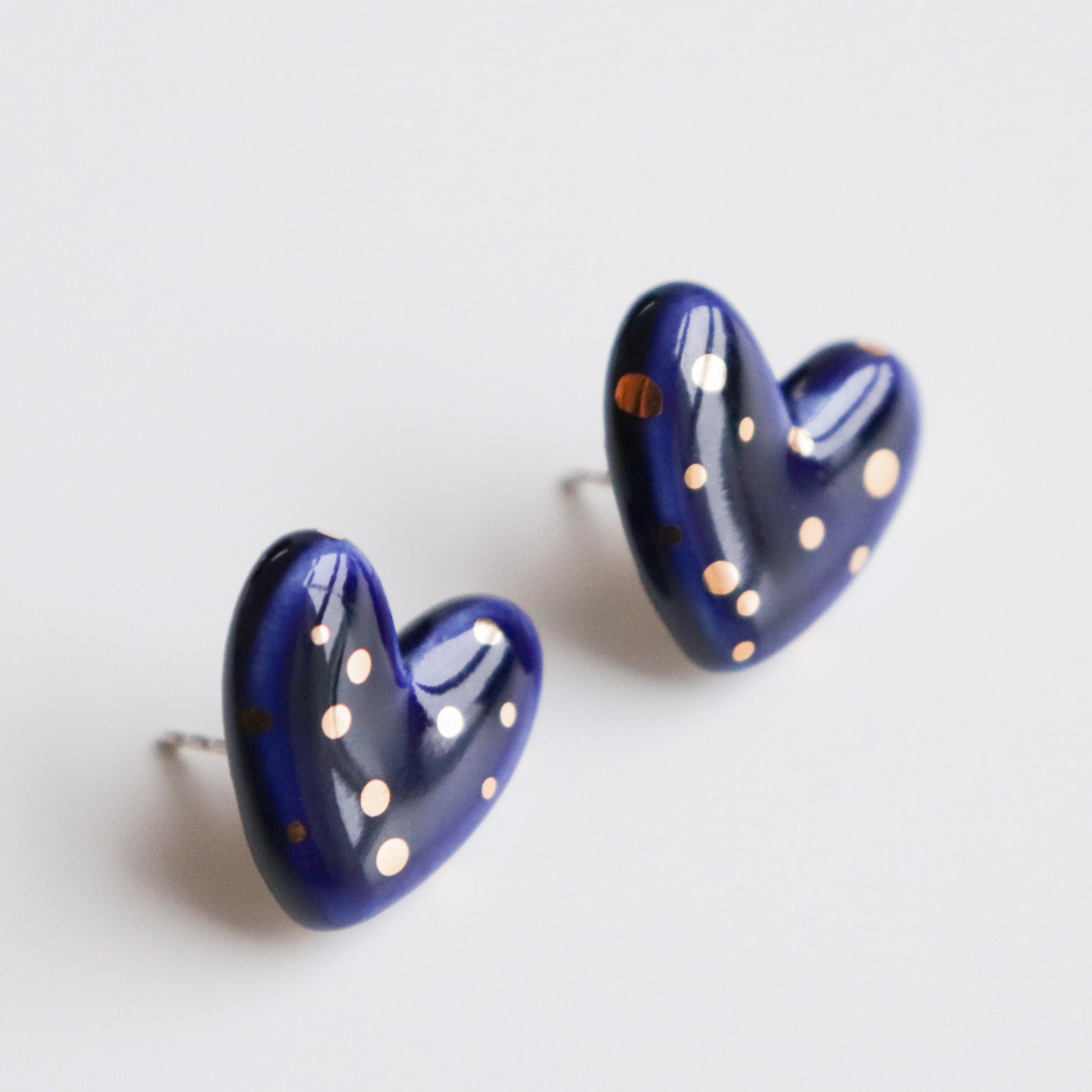 Dotted Porcelain Heart Studs -  Blue
