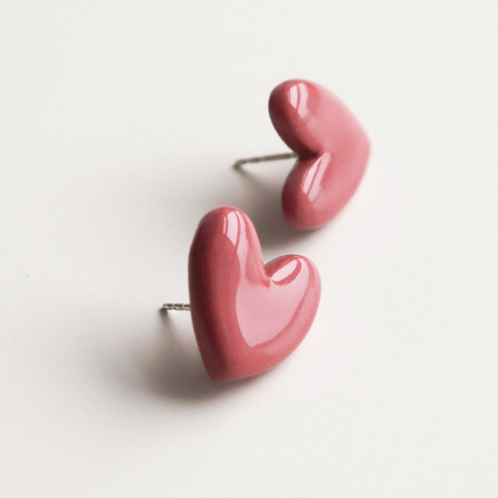 Porcelain Heart Studs -  Pink