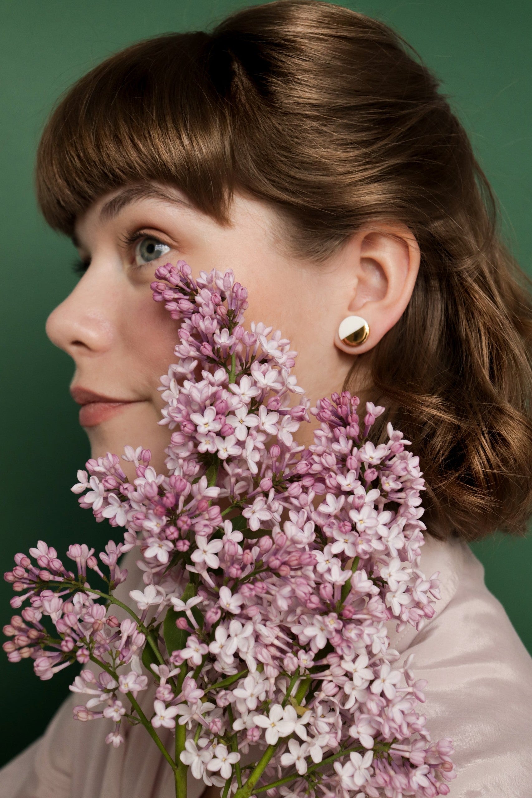 Porcelain Round Stud Earrings - Green and Gold