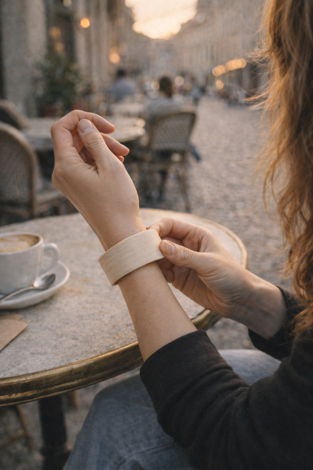 Minimalist wooden cuff bracelet on a woman's wrist in a cozy cafe, natural light and Scandinavian style jewelry